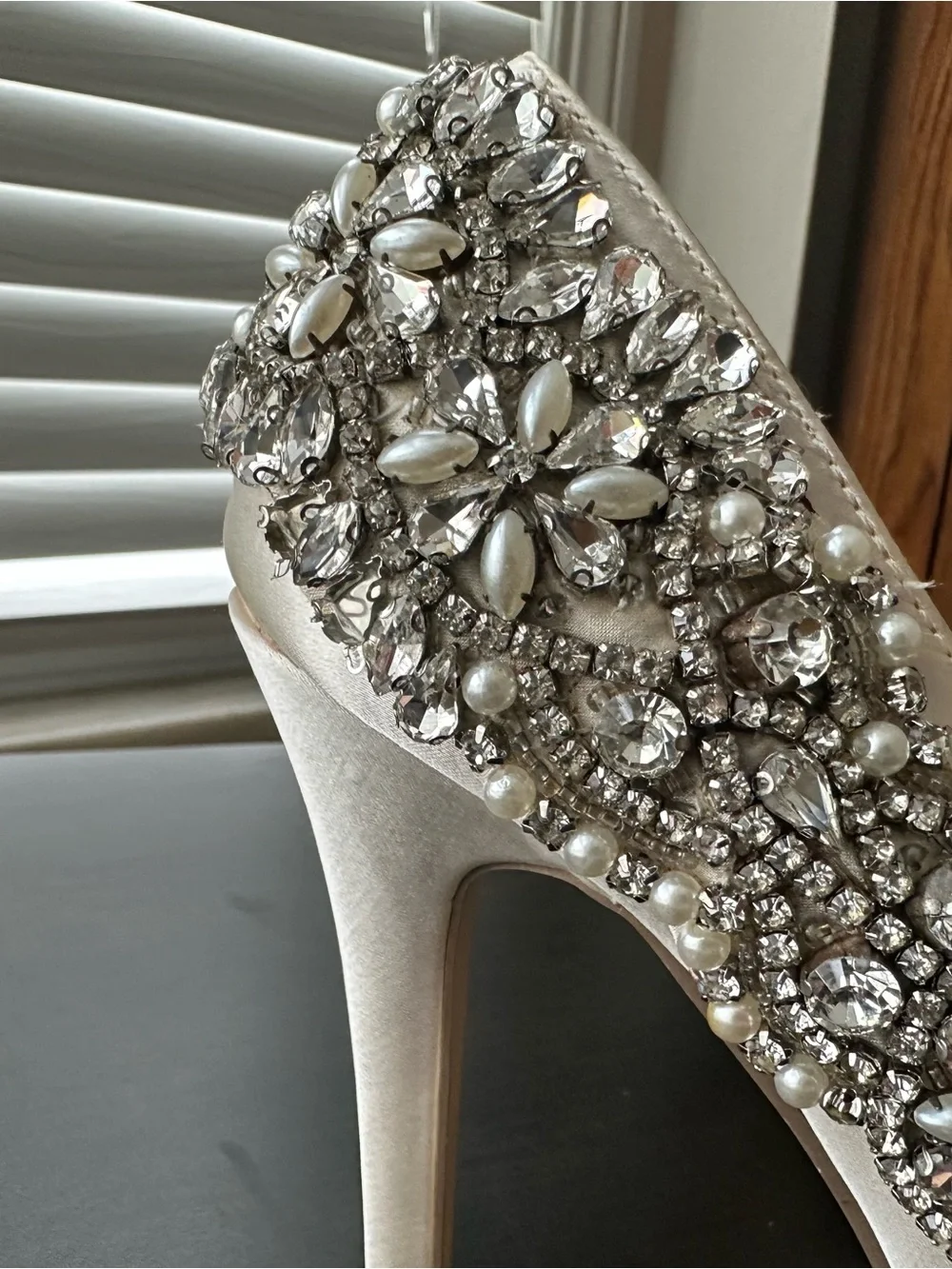Paradox London Pink Satin Ivory Peep-Toe Platform Heels with Crystal Trim
